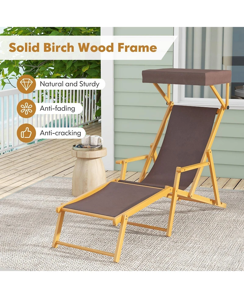 Gouun Birch Wood Chaise Lounge Chair Foldable Beach with Adjustable Canopy
