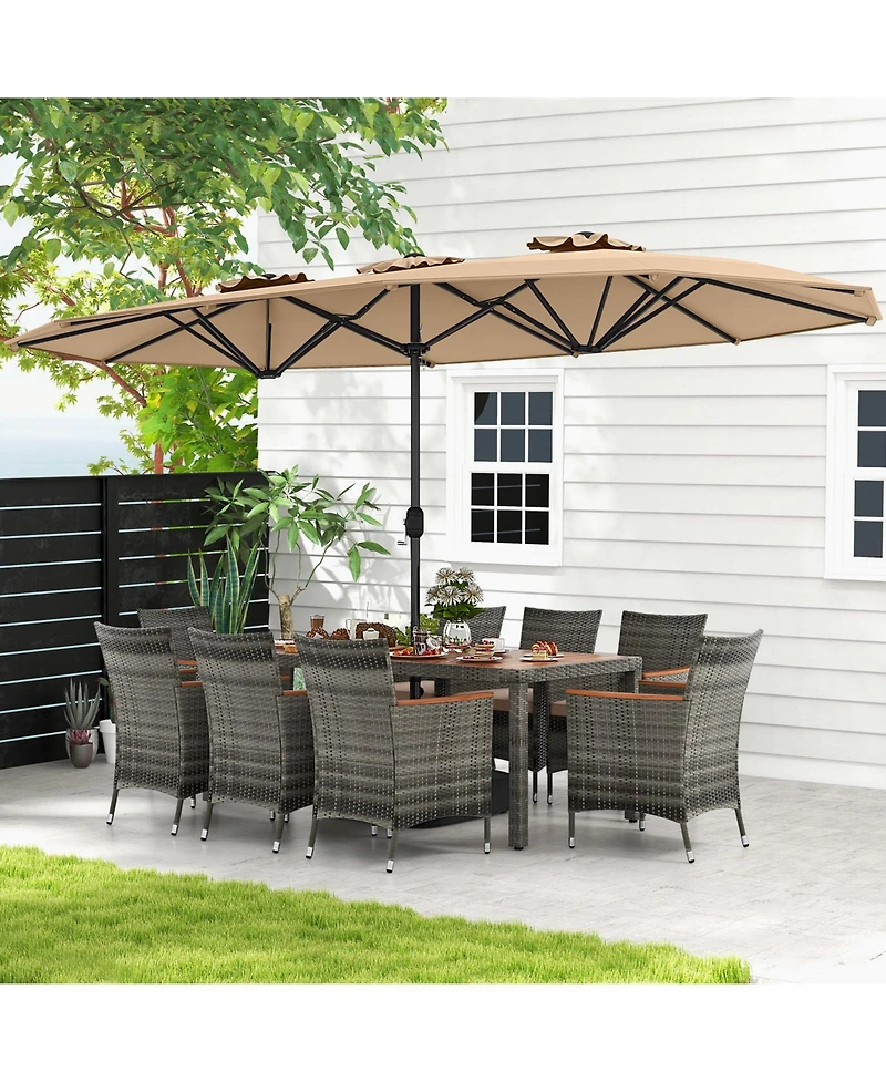 10 Pieces Patio Wicker Dining Set with 15 Feet Double-Sided Patio Umbrella