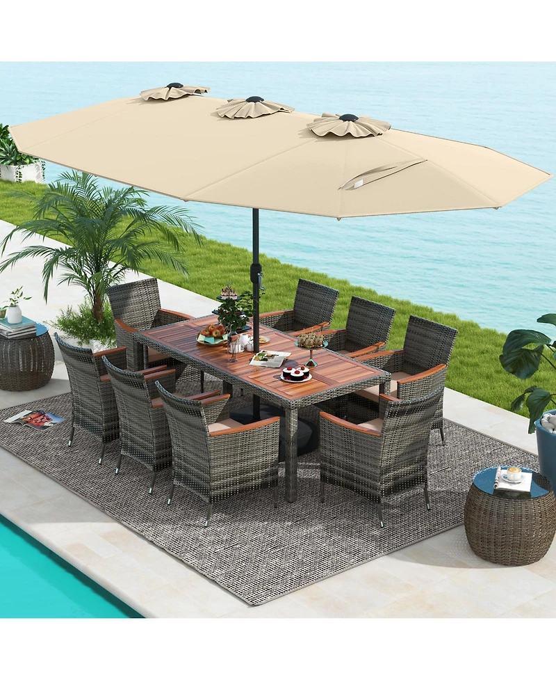 10 Pieces Patio Wicker Dining Set with 15 Feet Double-Sided Patio Umbrella