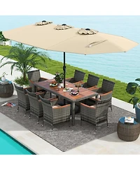 10 Pieces Patio Wicker Dining Set with 15 Feet Double-Sided Patio Umbrella