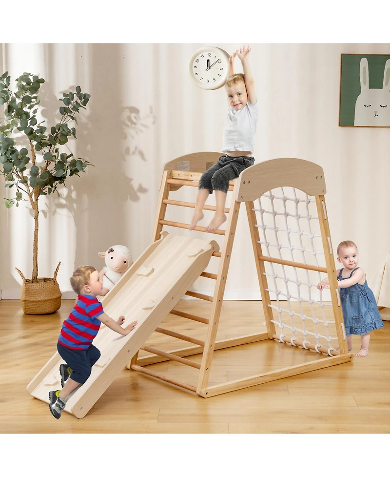 Gouun 6-in-1 Jungle Gym Wooden Indoor Playground with Double-Sided Ramp and Monkey Bars