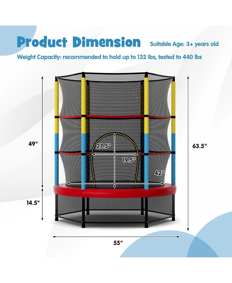 55 Inch Mini Trampoline for Kids with Safety Enclosure Net for Indoor Outdoor
