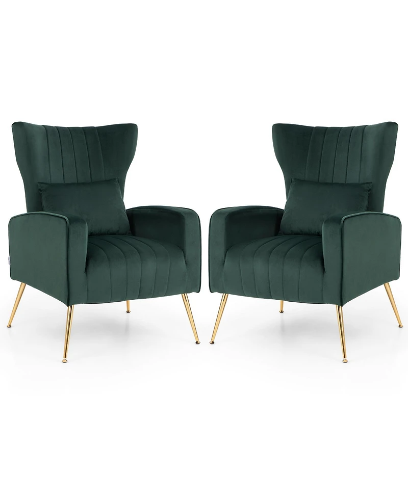 Gouun Velvet Upholstered Wingback Chair with Lumbar Pillow and Metal Legs