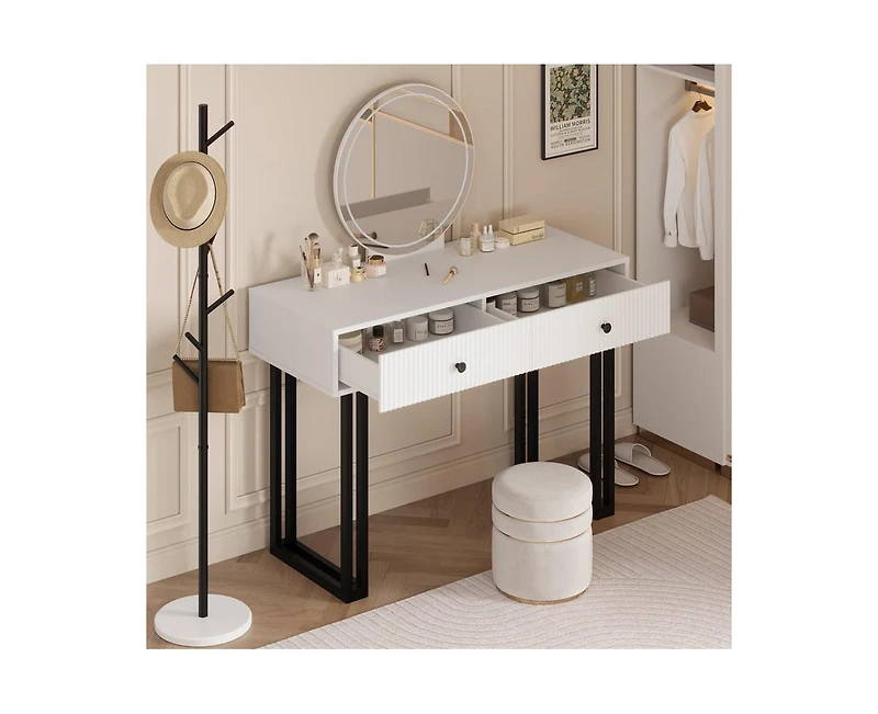gaomon Vanity Desk with Mirror and Lights, Small Makeup Vanity with 2 Drawers, Modern Vanity Organizer with 3 Color Lights Adjustable Brightness