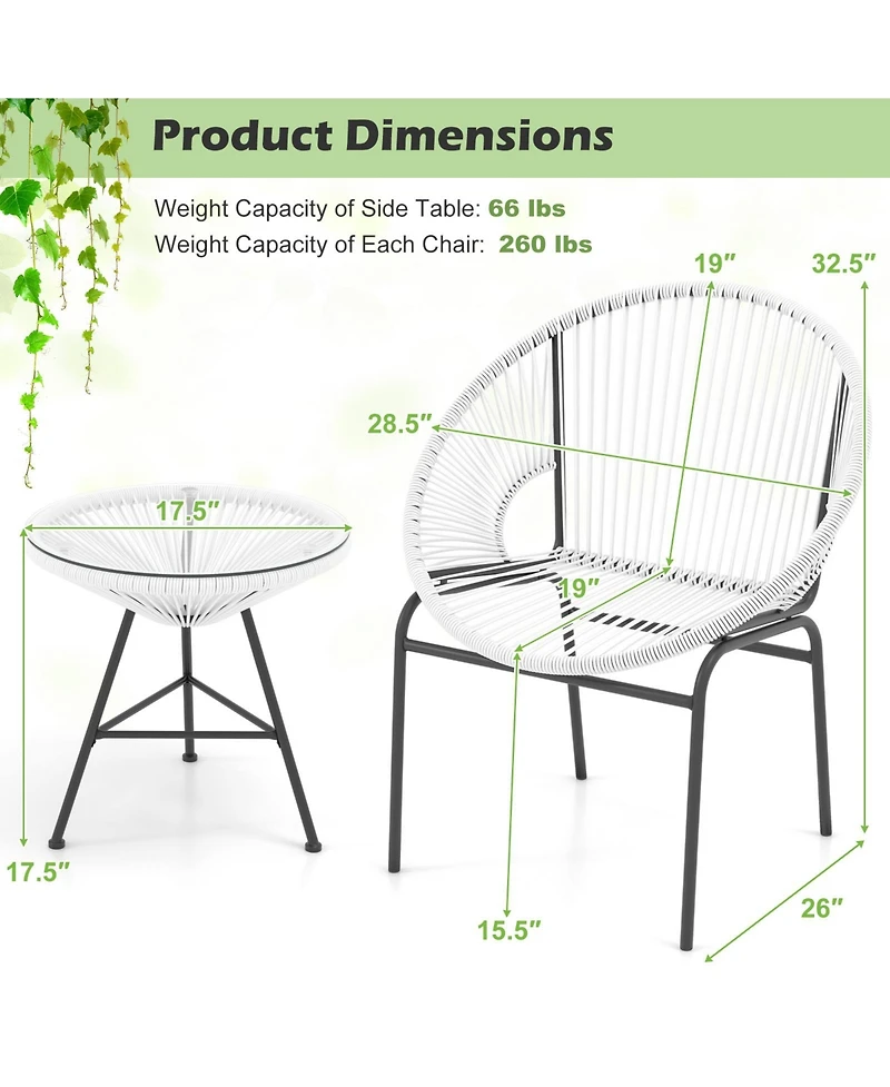 Gouun 3 Pieces Patio Acapulco Furniture Bistro Set with Glass Table