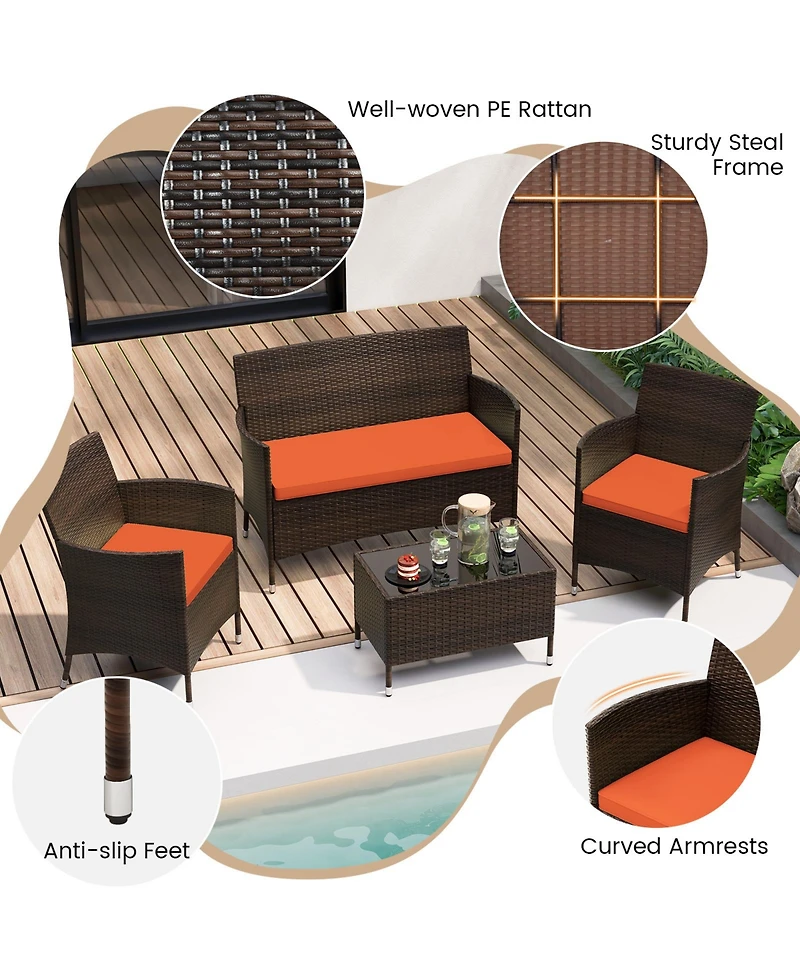 Gouun 4 Pieces Comfortable Outdoor Rattan Sofa Set with Glass Table
