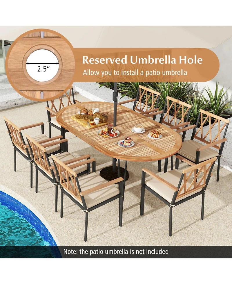 Gouun 79-Inch Oval Acacia Wood Patio Dining Table with Umbrella Hole for 8 People