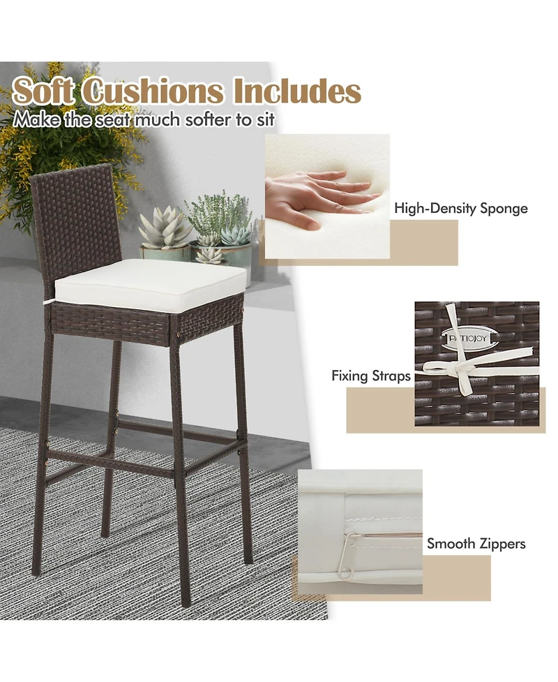 Gouun 4 Pieces Patio Wicker Barstools with Seat Cushion and Footrest-Set of 4