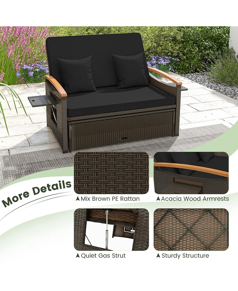 Outdoor Wicker Daybed with Folding Panels and Storage Ottoman