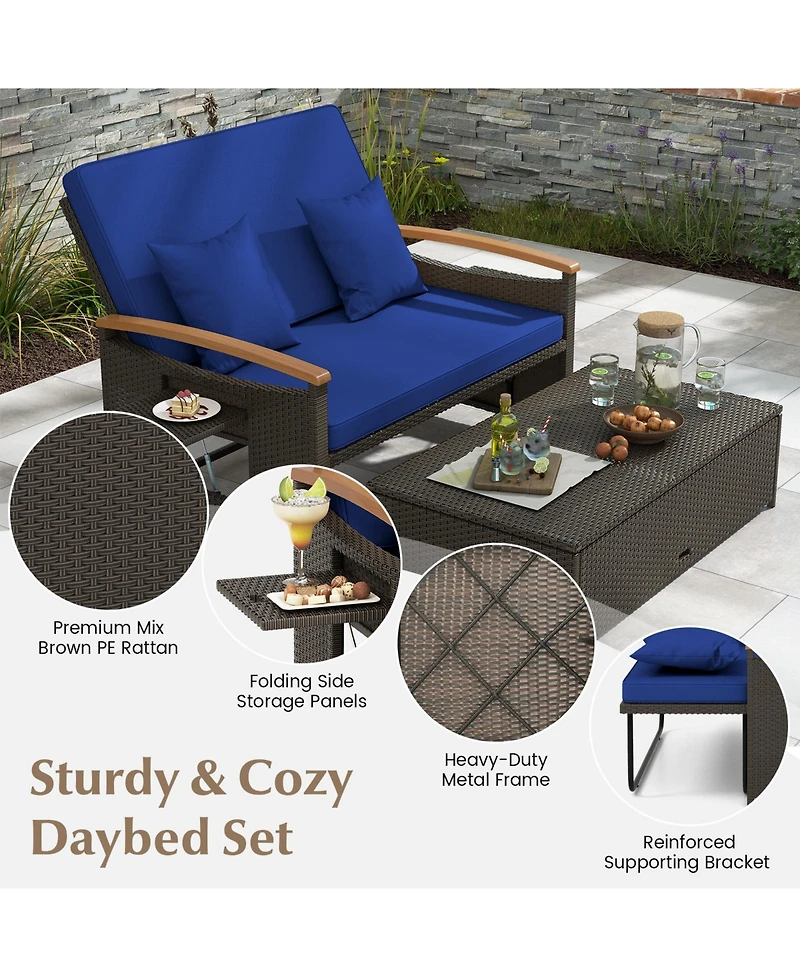 Outdoor Wicker Daybed with Folding Panels and Storage Ottoman