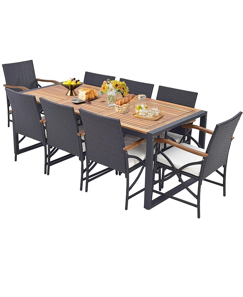 Gouun 9 Pieces Patio Rattan Dining Set with Acacia Wood Table for Backyard Garden-x-side Handrail