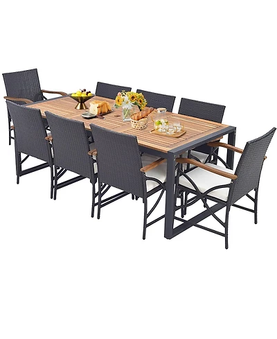 Gouun 9 Pieces Patio Rattan Dining Set with Acacia Wood Table for Backyard Garden-x-side Handrail