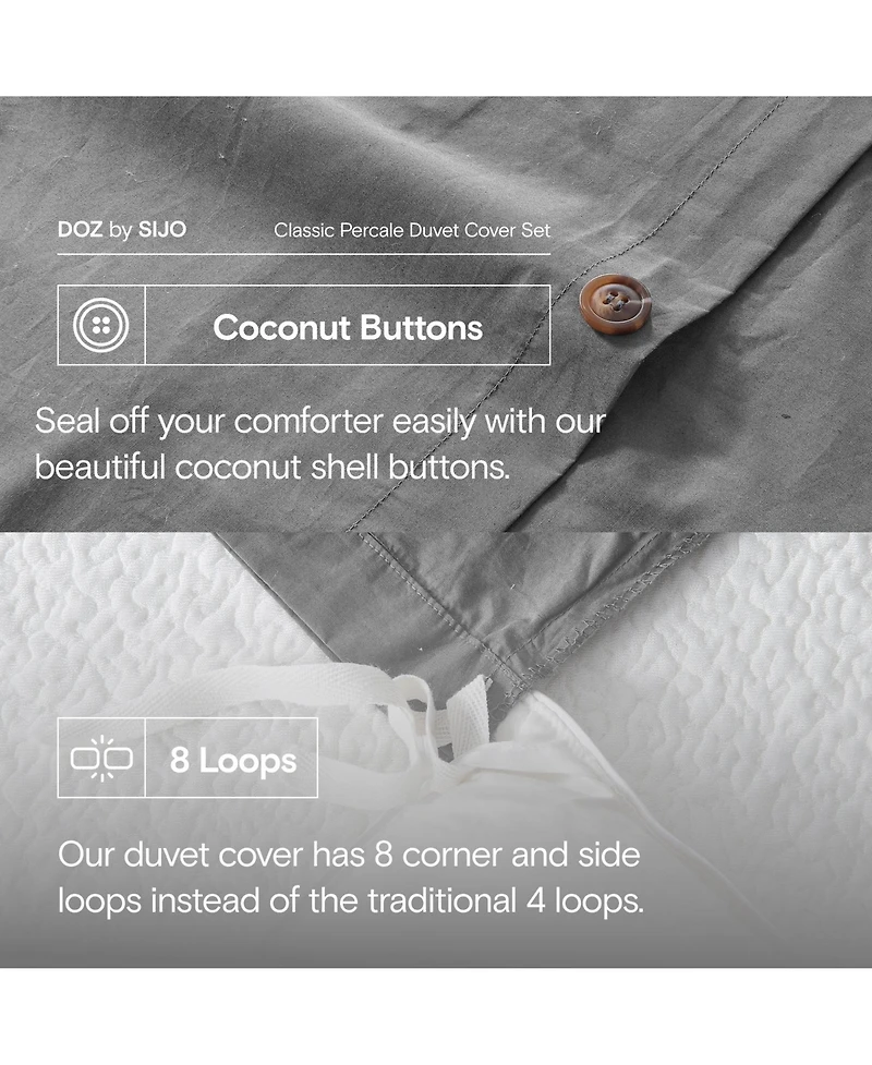 Doz by Sijo Doz 100% Long Staple Percale Cotton Duvet Cover Set, Hotel Cool Crisp, Breathable, Durable