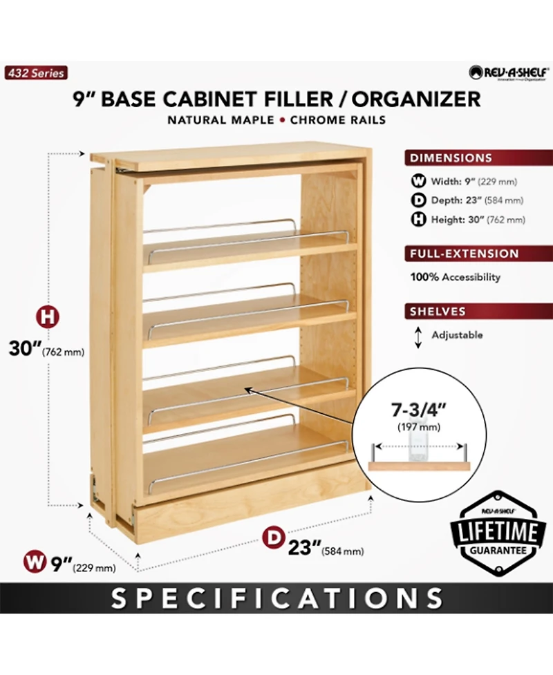 Rev-a-Shelf 9" Pullout Kitchen Cabinet Filler Organizer Spice Rack, 432-bf-9C