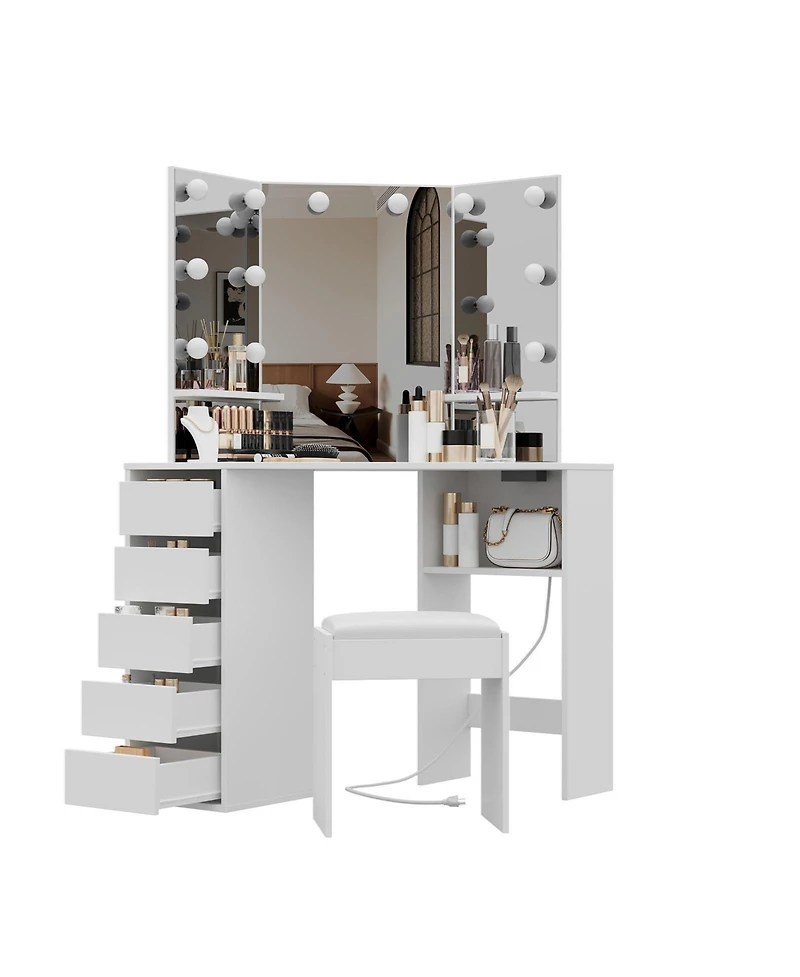 gaomon Vanity Desk with Mirror and Lights, Corner Makeup Vanity Desk