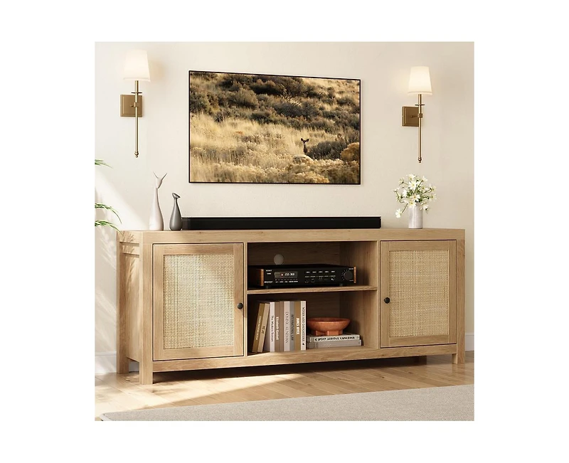 gaomon Boho Tv Stand for 65 Inch, Rattan Entertainment Center with 2-Tier Storage