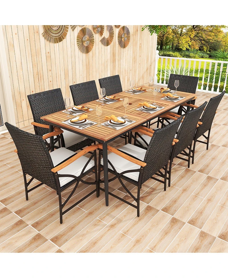 79 Inch Outdoor Acacia Wood Dining Table and 8 Rattan-woven Dining Chairs with Umbrella Hole