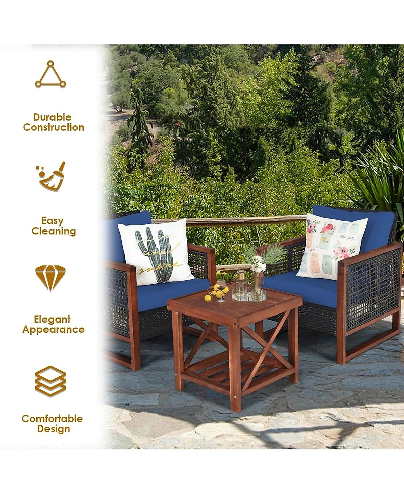 3 Pieces Patio Wicker Furniture Set with Acacia Wood Table and Washable Cushion