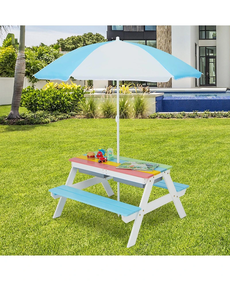 Gouun 3-in-1 Kids Outdoor Picnic Water Sand Table with Umbrella Play Boxes