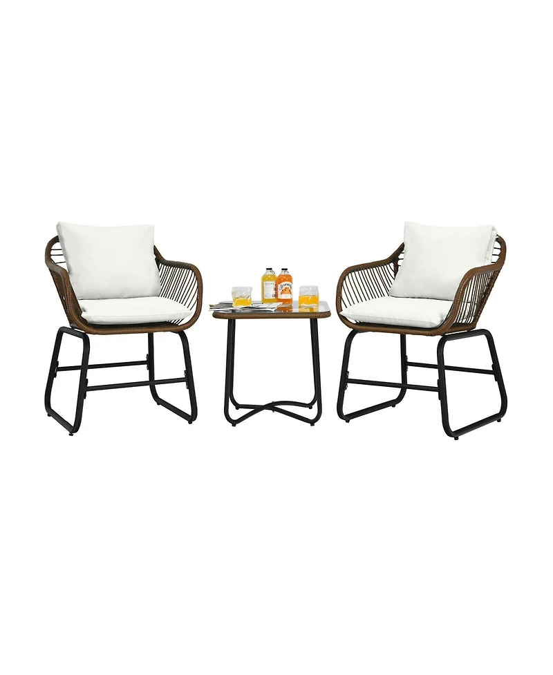 3 Pieces Patio Rattan Bistro Set Cushioned Chair Glass Table Deck