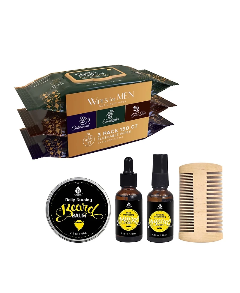 Men s Grooming Essentials Bundle – Assorted Face & Body Wipes (3-Pack, Cedarwood, Tea Tree, Eucalyptus) + Pursonic Beard Care Grooming Kit