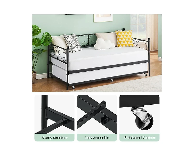 gaomon Twin Daybed with Trundle, Modern Metal Daybed with Classic Headboard, Steel Slat Support Sofa Bed for Bedroom, Living Room