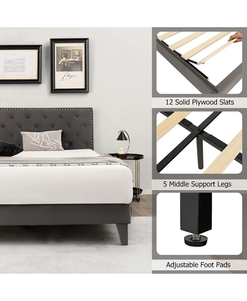 Gouun Queen Size Upholstered Platform Bed with Tufted Headboard-Queen Size