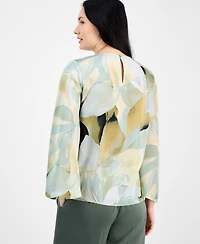 Anne Klein Petite Printed Keyhole-Front Long-Sleeve Blouse
