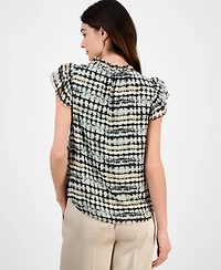 Anne Klein Women's Abstract-Print Split-Neck Flutter-Sleeve Top