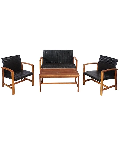 4 Pieces Pe Rattan Patio Furniture Set with Solid Acacia Wood