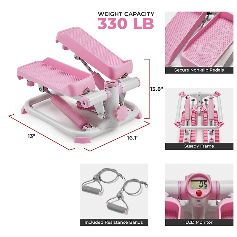 Sunny Health & Fitness Pink Smart Mini Stepper, Stair Step Stepper Full-Body Workout with Free SunnyFit App Connection
