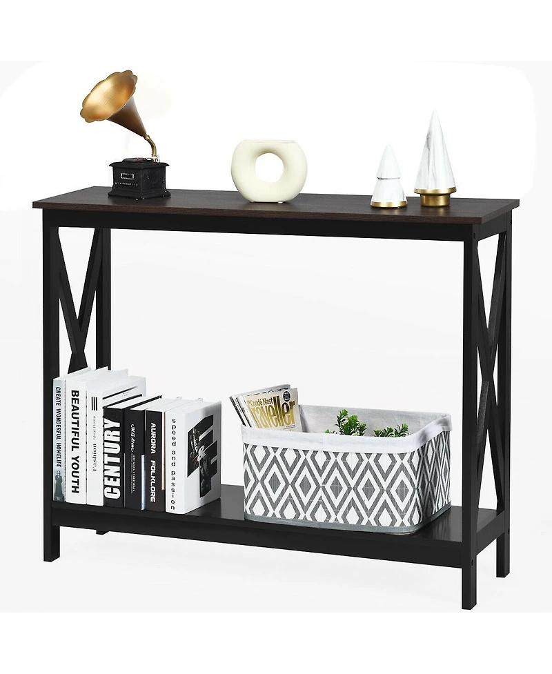 Gouun 2-Tier Console X-Design Sofa Side Accent Table-Wood Grain