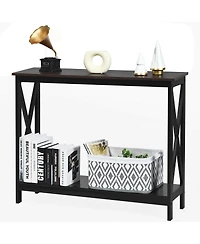 Gouun 2-Tier Console X-Design Sofa Side Accent Table-Wood Grain