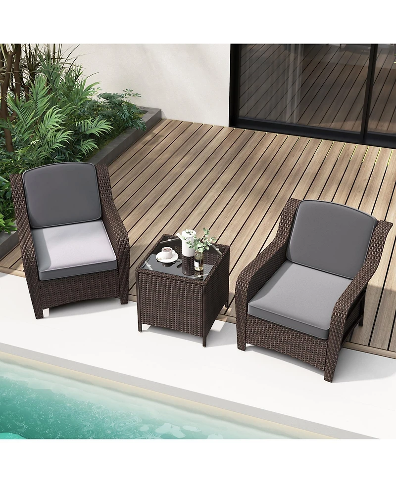 3 Pieces Outdoor Rattan Furniture Set with Cushions and Tempered Glass Table