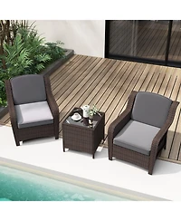 3 Pieces Outdoor Rattan Furniture Set with Cushions and Tempered Glass Table