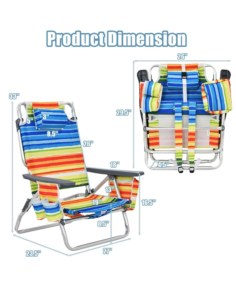 Gouun 2-Pack Folding Backpack Beach Chair 5-Position Outdoor Reclining Chairs with Pillow