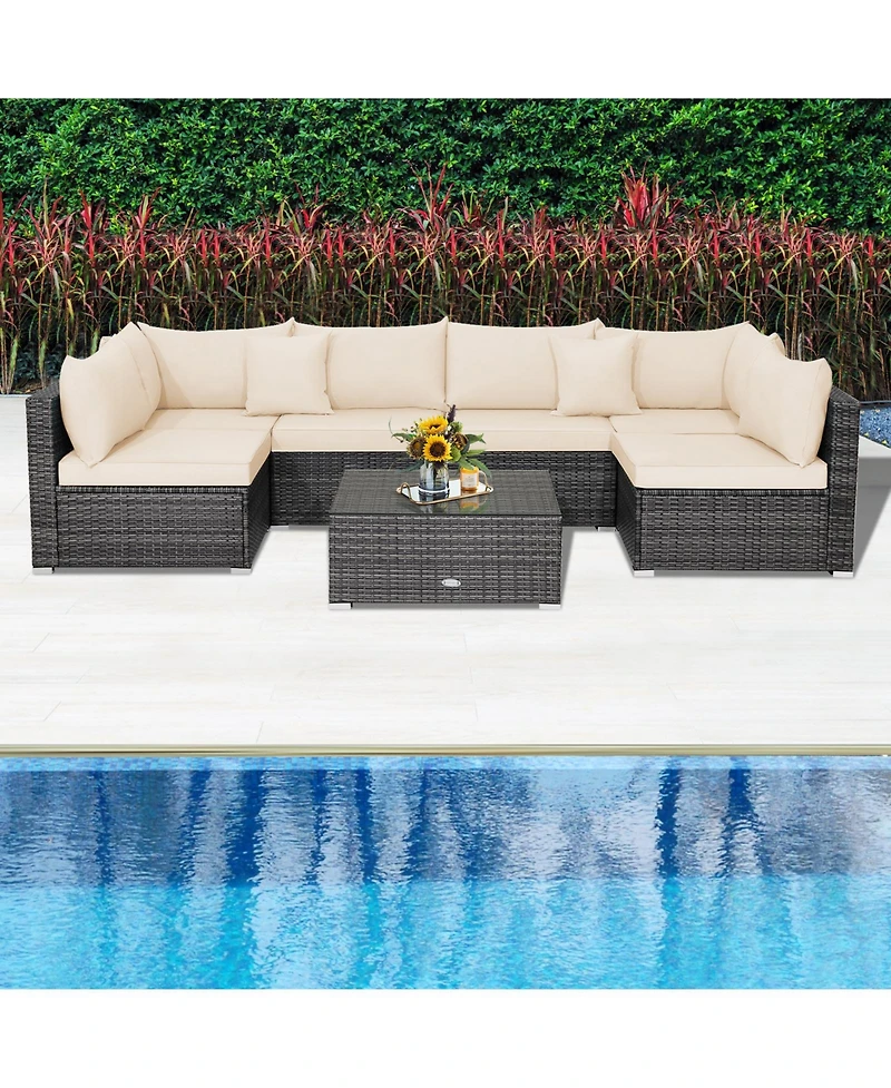 7 Pieces Patio Rattan Furniture Set with Sectional Sofa Cushioned