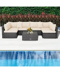 7 Pieces Patio Rattan Furniture Set with Sectional Sofa Cushioned