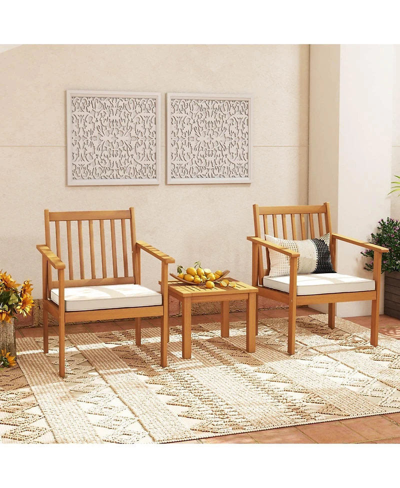3 Pieces Patio Wood Furniture Set with soft Cushions for Porch