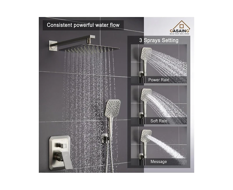 Casainc 10 Inch Wall Mounted Square Shower System Set with Handheld Spray