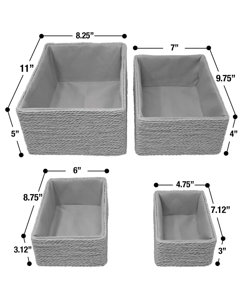 Sorbus Storage Baskets 4-Piece Set - Stackable Woven Basket Paper Rope Bin Boxes for Makeup, Office Supplies, Bedroom, Closet