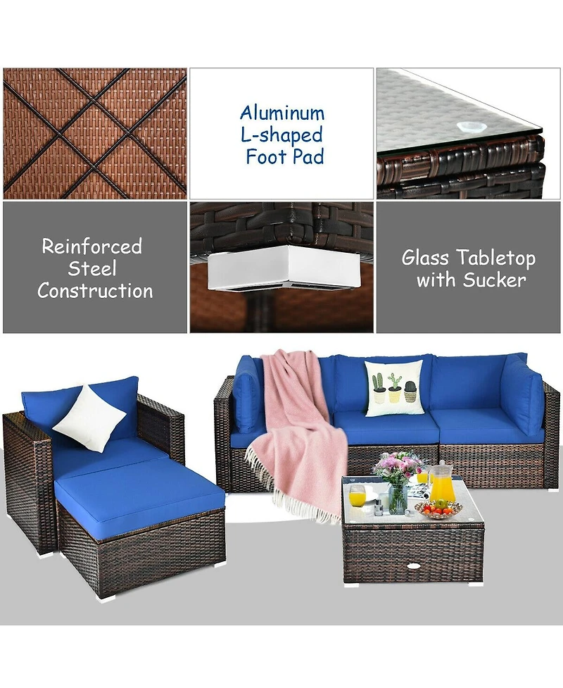 6 Pcs Patio Rattan Furniture Set with Sectional Cushion