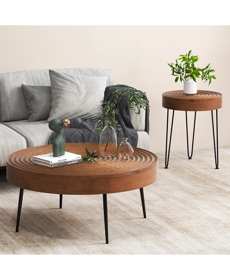 Gouun Set of 2 Solid Wood Ring Pattern Farmhouse Round Tables