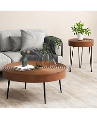 Gouun Set of 2 Solid Wood Ring Pattern Farmhouse Round Tables