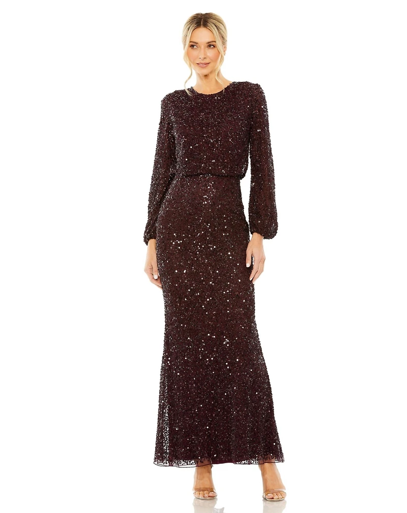 Mac Duggal Women's High Neck Long Sleeve Beaded Blouson Gown