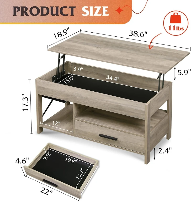 Wlive Lift Top Coffee Table for Living Room,Coffee Table with Storage,Hidden Compartment and Metal Frame, Central Table for Reception Room,Grey