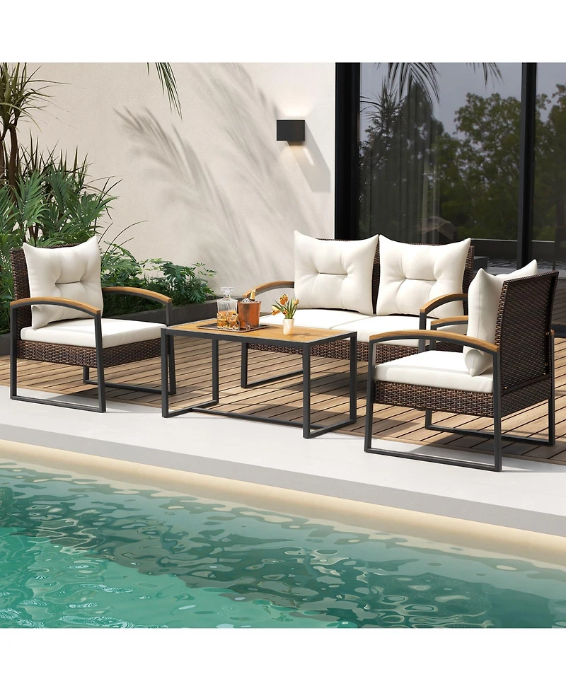 4 Pieces Patio Conversation Set with Acacia Wood Armrests and Tabletop and Cushions