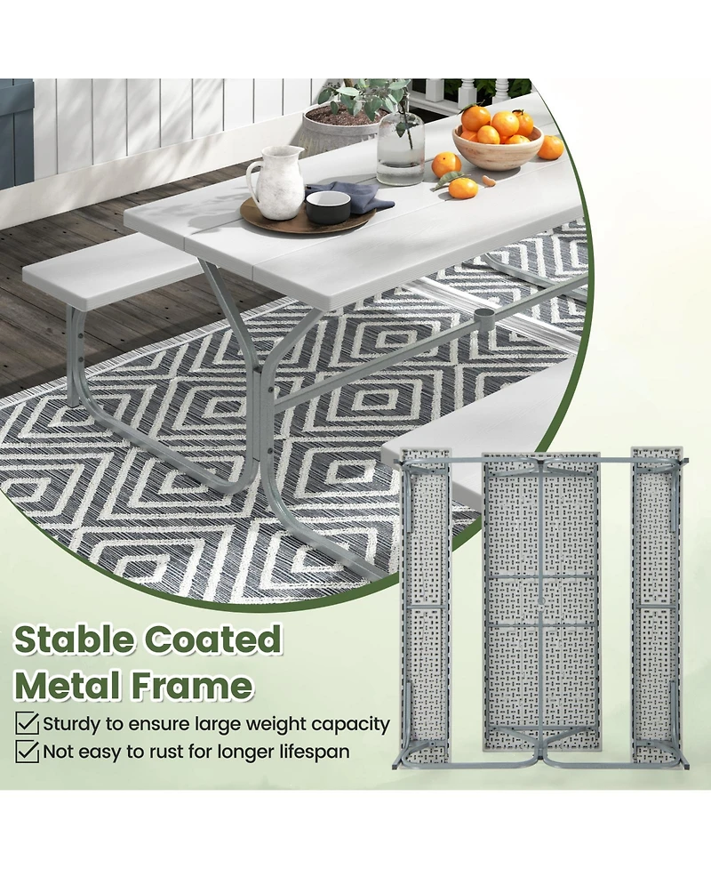 6 Ft Picnic Table Bench Set Dining and 2 Benches with Metal Frame Hdpe Tabletop