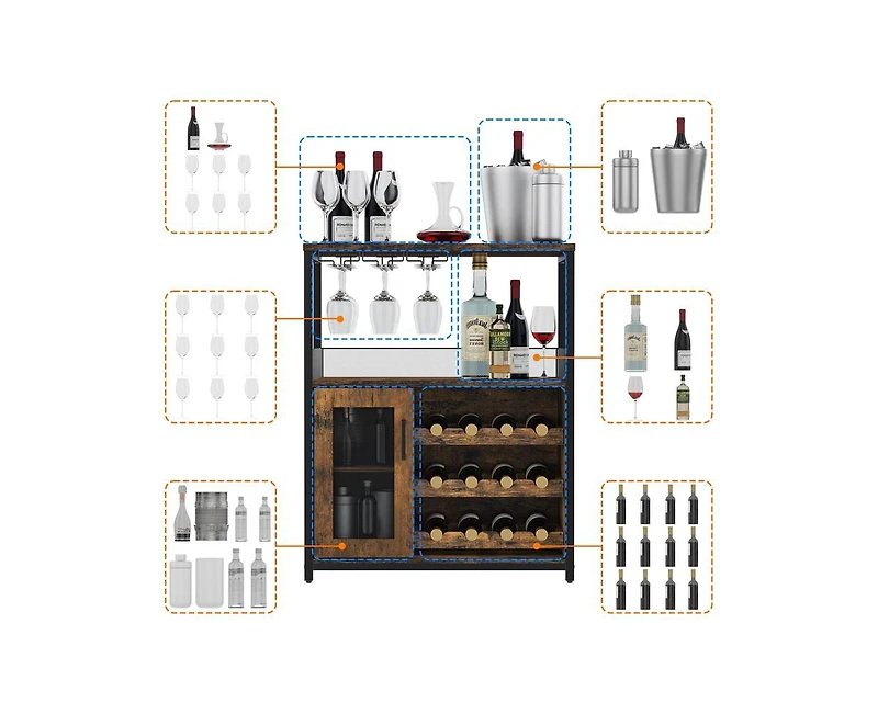 gaomon 3-Tier Wine Bar Cabinet with Led Lights, Detachable Wine Rack and Storage Space, Buffet Cabinet with Glass Holder and Mesh Door, for Kitchen