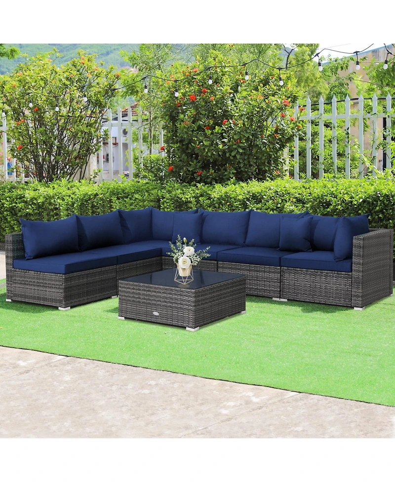 7 Pieces Patio Rattan Furniture Set Sectional Sofa Garden Cushion